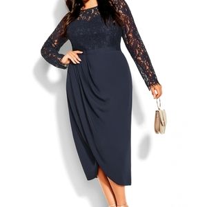 New City Chic Elegant Navy Blue Long Sleeve Lace Midi Dress Sz 22